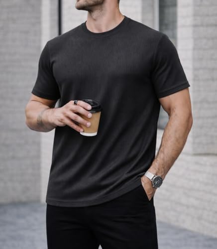 Image of Mack Jonney Men's Striped Ribbed Black Half Sleeve T-Shirt | Premium Soft Stretch Fabric | Casual Wear Round Neck Tee-M6358