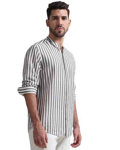 Image of MUFTI Men Shirt | Slim Fit Mandarin Collar Vertical Striped Design | Premium Viscose Nylon Blend & Crinkled Texture for Smart Casual & Weekend Wear