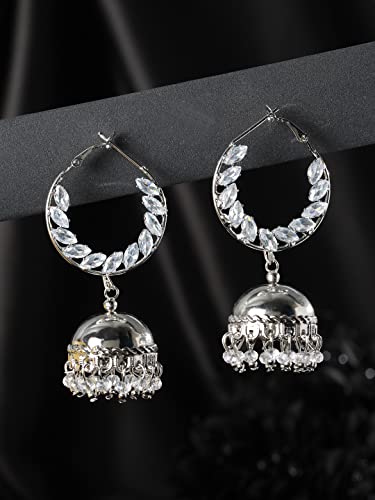 Women's Leaf-Cut AD Studded Hoop Jhumka Earrings