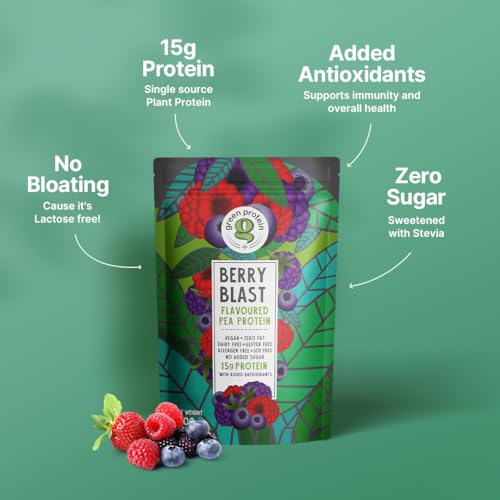 Image of GREEN PROTEIN Plant Protein Isolate Powder, Plant Protein, No Added Sugar, 100% Soy Free, Dairy Free, Gluten Free, Allergen Free, Berry Blast Flavor, 15g Protein Per Serving, Pouch (500g)