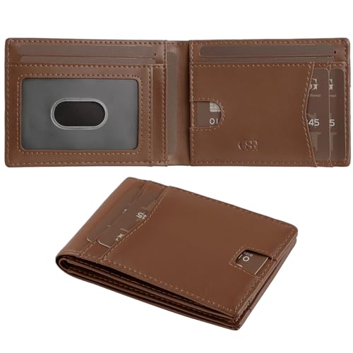 Men's Genuine Leather RFID Blocking Slim Wallet Pop-Up Card Holder 9-12 Card Capacity ID Window & Cash Slot (Dark Brown)