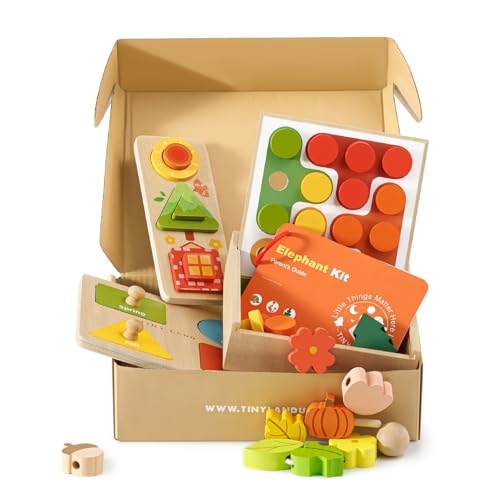 Image of Tiny Land Montessori Toy Set for Babies 18-24 Months Investigator Play Kit- 4-in-1 Wooden Learning Toys with Color Sorting, Lacing Beads, Shape Matching, and Seasons Puzzles