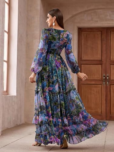 Image of TOLEEN Summer Casual Dresses for Women 2024 Spring Fashion Boho V Neck Long Sleeve Ruffle Floral Print Elegant Maxi Dress