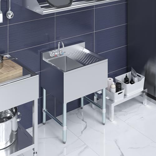 Image of AmGood One Compartment Stainless Steel Under bar Sink (Sink Size: 24 inchx19 inch, Single Bowl + 12 inch Right Drainboard)