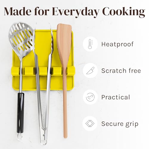 Image of Cooler Kitchen Yellow Silicone Spoon Rest for Stove Top with Drip Pad (Two Pack) - Heat Resistant BPA Free Utensil Rest & Spoon Holder for Kitchen Counter - Grill Utensil Holder - Spatula Holder