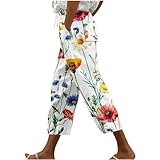 bawilom Hawaii Capri Pants for Women Casual Tropical Floral Print Pants Elastic High Waist Drawstring Summer Beach Trousers Multicolor