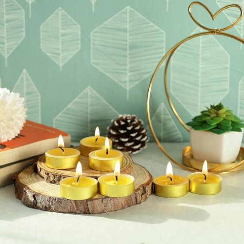 Image of Welburn Veda&Co Ghee Tealight Candles - Pack of 50, Upto 4 Hours Burning Time, Pure Cow Ghee Diya for Puja in Beautiful Gold Color Cup, Candles for Home Decor, Pooja, Home, Temple