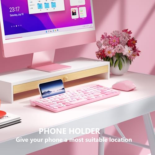 Image of Retro Wireless Keyboard with Round Keycaps, 2.4GHz Full-Size USB Cute Wireless Keyboard Mouse for Computer, Desktop, Laptop and Computer (Pink-Colorful)