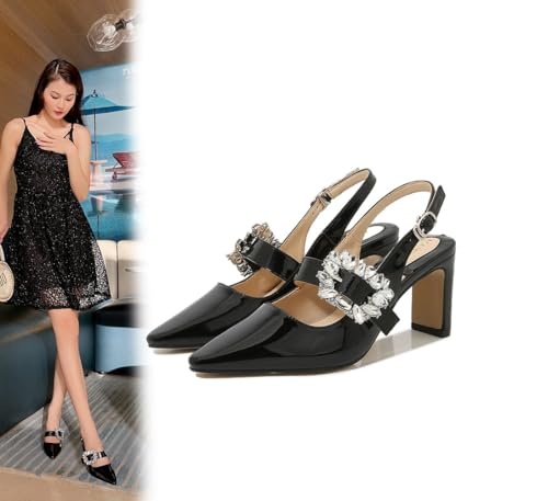 Women's Rhinestones Crystal Strappy Chunky High Heel Slingback Pumps Adjustable Ankle Strap Pointed Toe Dress Sandals for Evening Party Wedding3