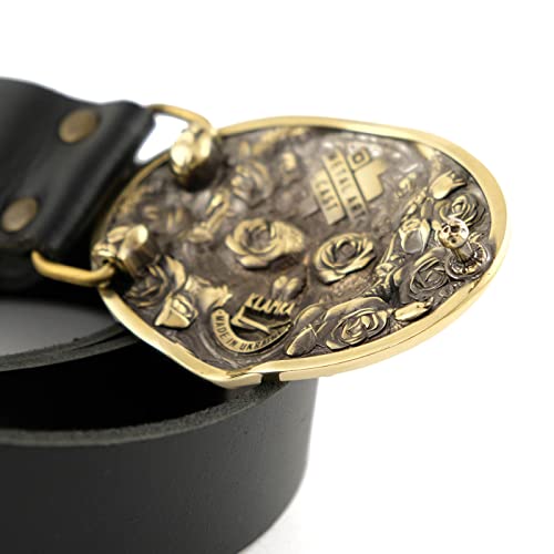 Leather belt with Skull El Día de Muertos belt buckle, The Day of the Dead, Santa Muerte skull solid brass belt buckle on casual leather belt 1.5 or 1.8 inches4