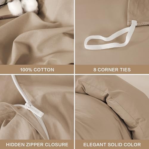 100% Washed Cotton Duvet Cover Queen Size Set, SAPHREAS 3 Pcs Linen Like Comforter Cover with Zipper Closure & Corner Ties (No Comforter), 90x90 Khaki - 4