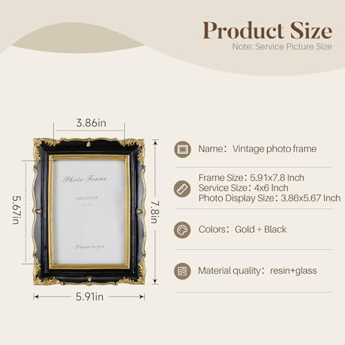 4x6 Picture Frame Black and Gold Vintage Frame, Ornate Textured Hand-Crafted Resin Photo Frame with Glass Front, 4x6 Black Antique Decorative Frames for Wall & Tabletop Home Decor