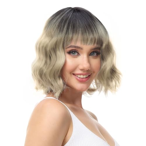 Rose bud Wavy Bob Wig with Bangs Natural Ombre Blonde Wig Synthetic...