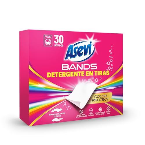 Asevi Bands Detergente en Tiras para Lavadora Color Protect - Detergente Concentrado Hipoalergénico para Ropa Blanca y de Color - Protege los Colores y Deja la Ropa Limpia y Perfumada - 30 Lavados