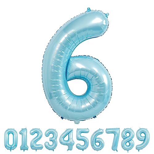 Image of 40 Inch light blue Number Balloons, Helium Mylar Foil Number Balloons for Birthdays, Number 6 Balloon for Party Decorations, Birthday Decorations, Boy Baby Shower