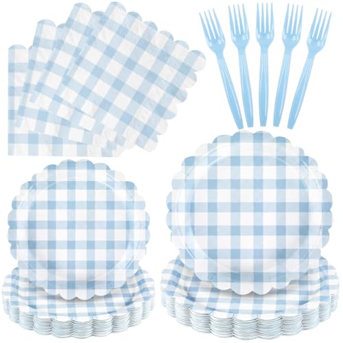 100 PCS Blue Plates and Napkins Party Supplies Disposable Light Blue Scalloped Paper Plates Napkins and Forks for Wedding Bridal Shower Birthday Baby Shower