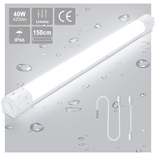 Feuchtraumleuchte LED 150cm, LED Röhre Reihenschaltung 40W 4200LM, LED Deckenleuchte Flimmerfrei 4000K, IP66 Wasserfest Werkstattlampe Leuchte für Garage Keller Feuchtraum Bad Büro Warenhaus Hobbyraum Cover