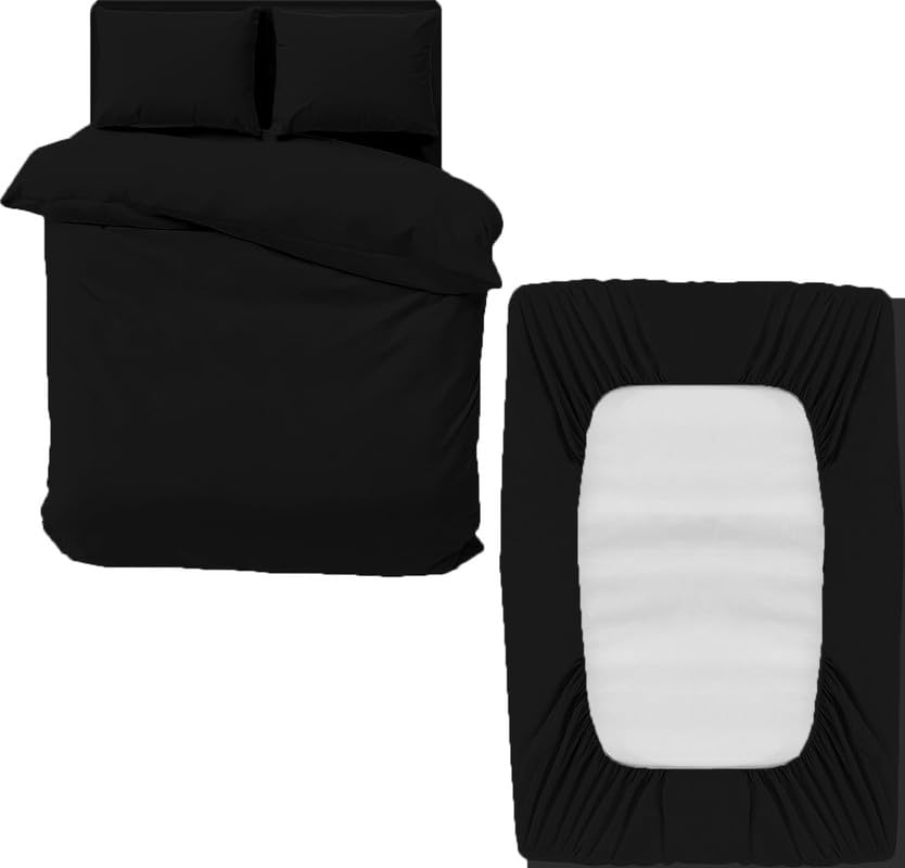 DTEX HOMES 3 Piece Microfiber Duvet Cover Sets - Single Duvet Cover Set Includes 1 Duvet Cover, 1 Fitted Sheet and 1 Pillowcase, Ideal Bed Sets for a Cozy and Comfortable Sleep (Single-Black)