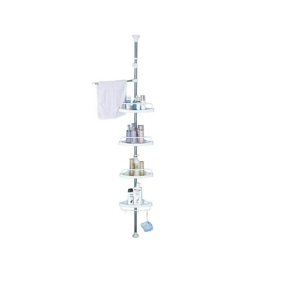 BPIL Adjustable 4-Tier Telescopic Pole Corner Shelf – Rustproof Bathroom Shower Storage Rack, No-Drill Organizer Caddy with Triangular Shelves for Toiletries, Space-Saving, Silver