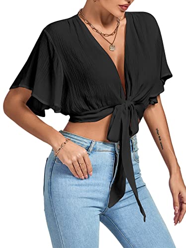 Image of LYANER Women's Sexy Deep V Neck Tie Front Wrap Cropped Blouse Bell Short Sleeve Ruffle Crop Tops