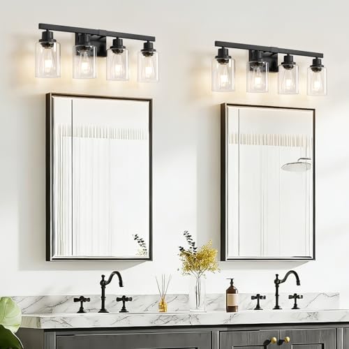 Image of 4-Light Bathroom Vanity Light, Modern Matte Black Wall Sconce Lighting with Clear Glass Shade, Bathroom Lighting Fixtures Over Mirror,Vintage Wall Mounted Lamps for Mirror Bedroom,Living Room