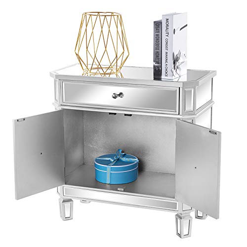Image of VINGLI Mirrored Cabinet, Mirrored Nightstand, Mirrored Dresser Accent Chest, Large Mirror Nightstand with 1 Drawer and Two Doors, 27.5 inchW x 13.4 inchD x 26.5 inchH, Mirror