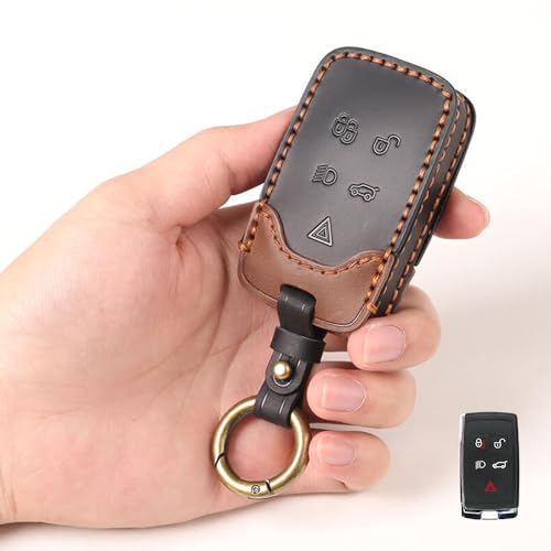 Image of Keyzone Dual Leather Key Cover for Range Rover: Sport, Evoque, Velar, Discovery, Defender (2018, 2019, 2020, 2021) 5 Button Smart Key (Black-Brown)
