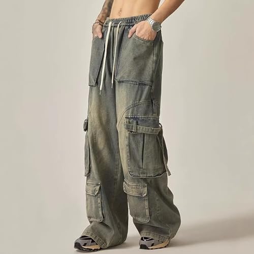 Vintage Streetwear Cargo Jeans for Men High Waist Loose Fit Wide Leg Utility Denim Pants Casual Blue2