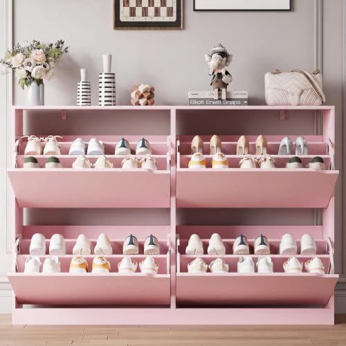 Image of Xixini Shoe Storage Cabinet for Entryway with 4 Flip Drawers, Sturdy Wood Hidden Shoe Storage, Freestanding Narrow Slim Shoe Organizer for Front Door Entrance, Living Room, Hallway, Bedroom, Pink