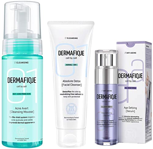 Image of Dermafique Age Defying Face Serum moisturizer for All Skin (50 ml) & Dermafique Acne Avert Cleansing Mousse, 150 ml & Dermafique - Absolute Detox Facial Cleanser, 100 ml