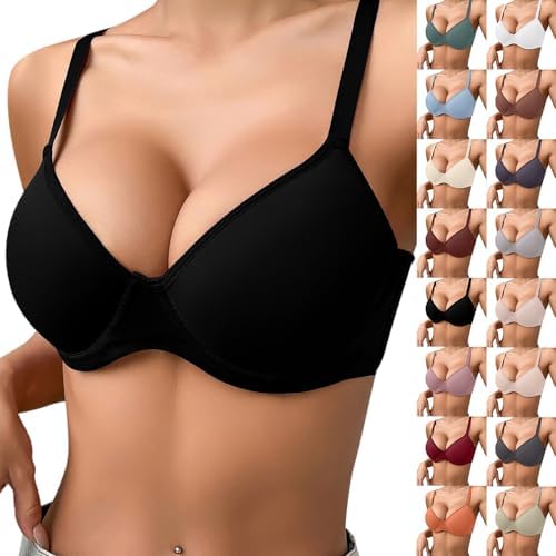 Womens Lift Up Underwire Bra Deep V Neck Adjustable Straps Push Up Wireless Bras Seamless Comfy T-Shirt Bra for Everyday