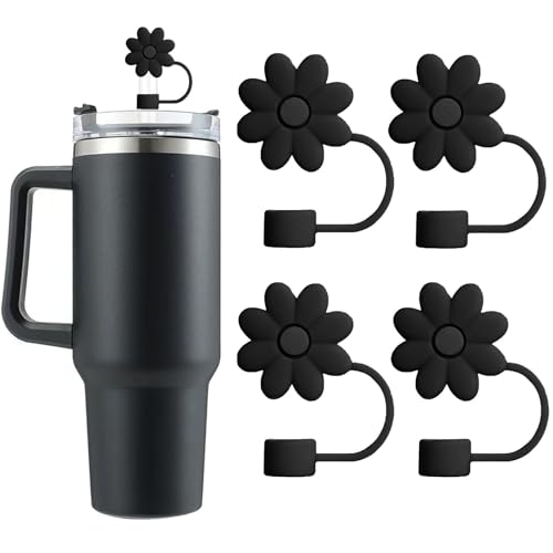 Image of SEMATA Flower Straw Covers Toppers for Stanley Cups 30&40 Oz Tumbler with Handle Accessories 4PCS Silicone Straw Caps Reusable Straw Tips Protectors for Stanley Cup 10mm 0.4in Straws,Black | Silicone,Flower Straw Caps, Dust-Proof, Reusable Straws Tips Protectors, for 10mm 0.4in Straws