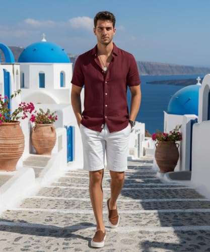Image of VastraVibes Premium Cotton Linen Shirt for Men | Half Sleeve Slim Fit Casual Shirts | Lightweight Beach Wear & Festive Outfits | Trending Pastel Colors