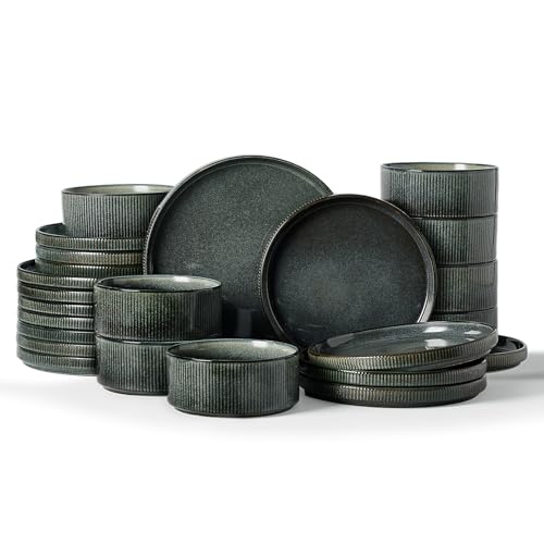 Image of Famiware Star 24-Piece Plates and Bowls Set with Trim, Service for 8 - Stoneware Reactive Glaze Dinnerware, High Edge Ribbed Dishes, Chip & Scratch Resistant, Microwave & Dishwasher Safe, Deep Forest
