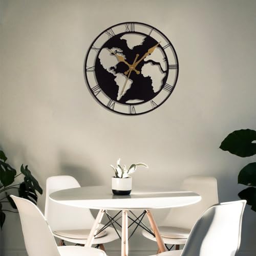 Image of World Map Wall Clock for Living Room, Modern Black & Gold Decorative Clock, Large Round Bedroom, Office Home Decor Hall, Decoration Stylish Office, Hall Contemporary Elegant