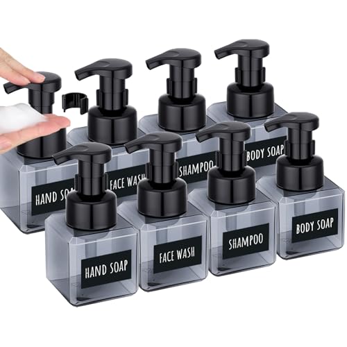 Image of Segbeauty Refillable Foaming Hand Soap Dispenser 8.5oz 8pcs, Square Foam Bottle Container with Waterproof Stickers, Plastic Foam Pump Bottle Gray 250ml, Foaming Bathroom Countertop Soap Dispensers
