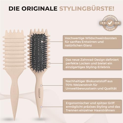 FABIHA® 𝐏𝐑𝐄𝐌𝐈𝐔𝐌 Lockenbürste - Curly Hair Brush - Bio Haarbürste ohne ziepen - Wildschweinborsten Bürste - Die Originale… – Ansicht 2