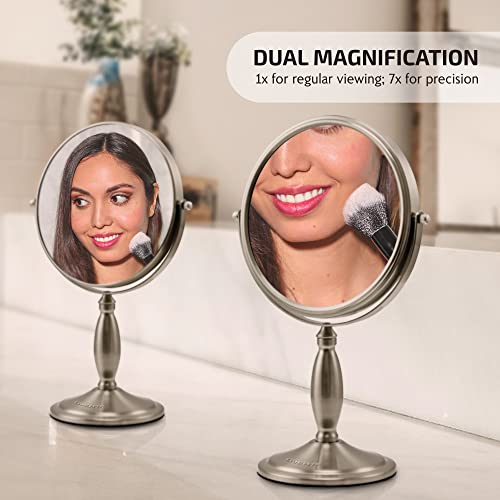 Image of OVENTE 8'' Tabletop Makeup Mirror with 1X /7X Magnification, 360 Swivel Design and Double-Sided Free-Standing Vanity Mirror Perfect for Dresser, Bedroom and Office Desk, Nickel Brushed MNLAT80BR1X7X