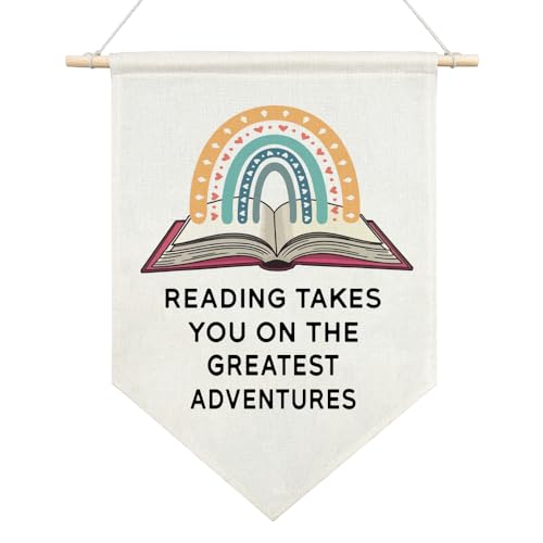 AGMDESIGN Reading Takes You on the Greatest Adventures Funny Canvas Hanging Pennant Flag Banner, Baby Nursery Quote Decor, Bookshelf Decor, Home Office School Library Classroom Kids Room Flag Decor