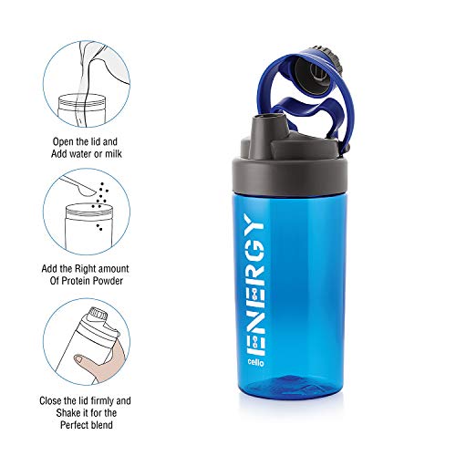 Image of CELLO Energy Plastic Protein Shake Bottle | Flip top open| Leak Proof & Easy to clean | Gym Protein Shaker Bottle |700ml, Blue