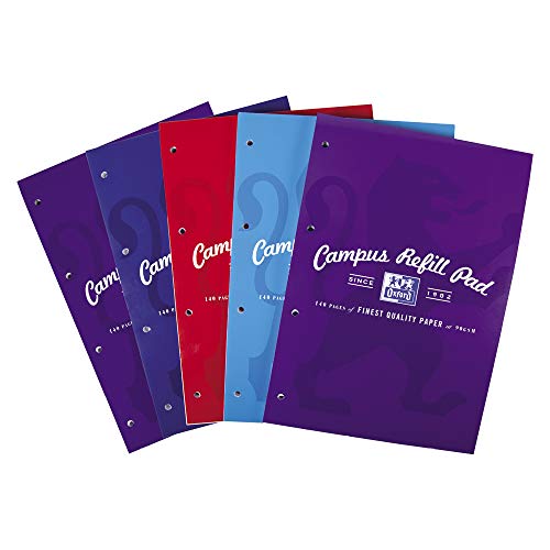 Oxford Campus Lined Paper A4 Refill Pad, Headbound 140 Pages, Assorted Colours, Pack of 5