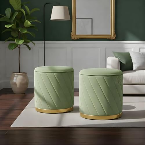 Image of ENIQE STORE Premium Velvet Ottoman Stool | Modern Round Pouffe with Gold Base | Multipurpose Seating | Living Room & Bedroom Decor (Pista Green Set of 2)