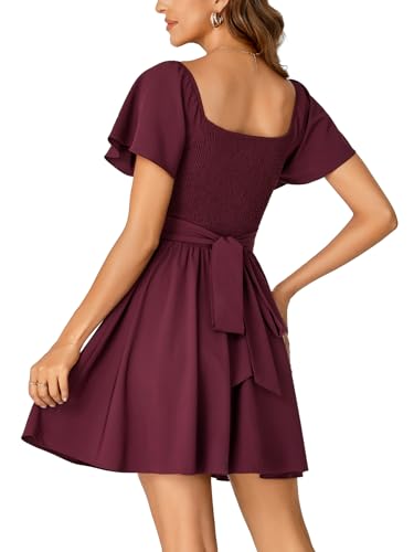 Image of Rooscier Women's Tie Back Square Neck Wrap Ruffle Short Sleeve Flare Mini Dress
