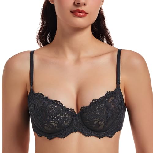 MELENECA Sujetador Balconette para Mujer Encaje Sexy Push Up Tallas Grandes Transparente con Aros y Sin Forro Negro 105C