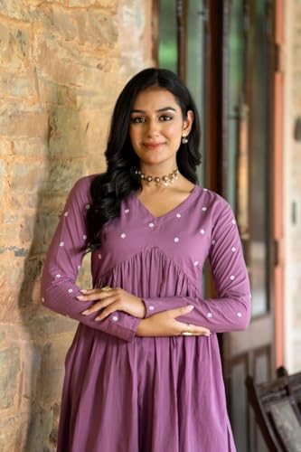 Image of Women's Dhanna Fashion Long Cut Salwar Suit with White Polka Dots,Full Sleeves, V-Neck,, Rayon