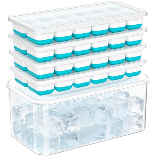 Ice Cube Tray with Lid & Bin - 4 Pack Small Stackable Silicone Trays for Freezer with Storage Container Leak-Proof Lids BPA-Free Easy Release for Kitchen RV Cocktail Party Coffee & Drinks