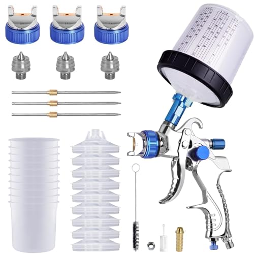 HVLP Paint Sprayer with 10pcs 600ML Mixing Quick Cup,Spray Paint Gun Set Contain 3 Nozzles 1.4/1.7/2mm,Sprayer Gun for Car Painting,Furniture Surface Spraying (Blue-Spray Gun Kit)