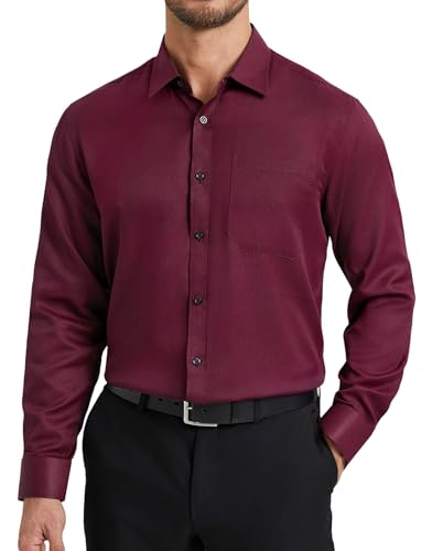 HISDERN Camisas Hombre Manga Larga Formal Camisa Burdeos de Vestir Hombre Boda de Algodón con Bolsillo Botones Regular Fit Elegante Color Vino XL