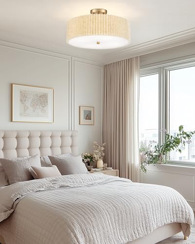 Image of Semi Flush Mount Ceiling Lights, 4-Light 18 inch Gold Light Fixtures Ceiling Mount with Pleated Linen Fabric Shade, Drum Lighting Fixture for Nursery Hallway Bedroom Kitchen, AD-25036-4SF-GD-B