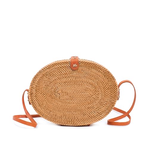 Image of Novum Crafts Round Rattan Bag for Women - Handmade Ata Wicker Woven Purse - Circle, Square, Oval Brown Straw Boho Bags
